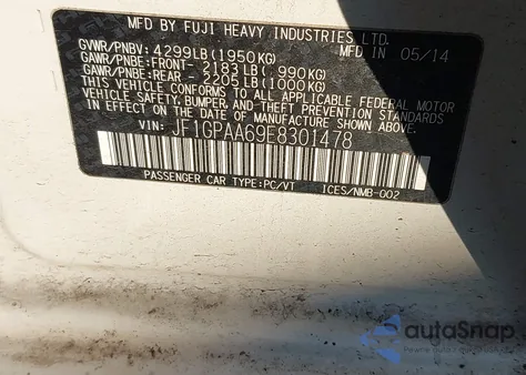 2014 Subaru Impreza 2.0I из США, поврежденный, VIN JF1GPAA69E8301478